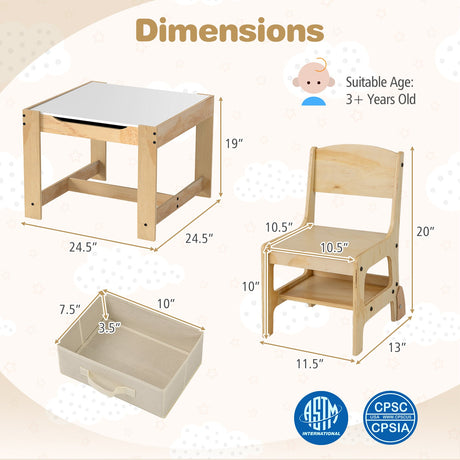 Juego de mesa y 2 sillas para niños 3 en 1 con tablero extraíble y 2 cajones de almacenamiento