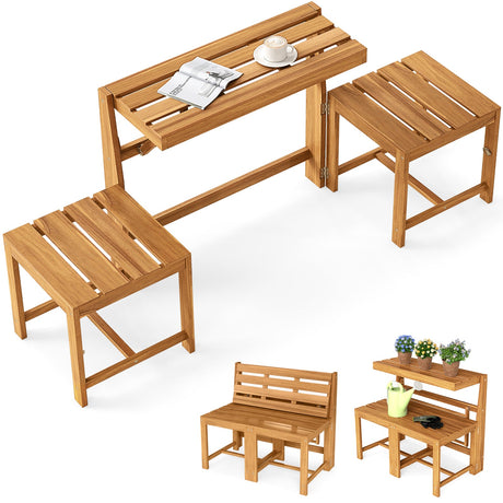 Banco de dos plazas de madera de acacia para exterior 3 en 1 con asiento de lamas