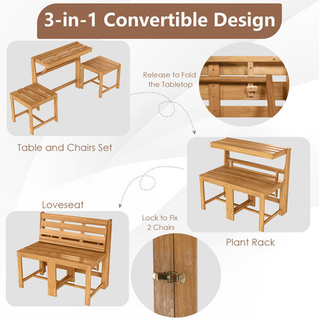 Banco de dos plazas de madera de acacia para exterior 3 en 1 con asiento de lamas