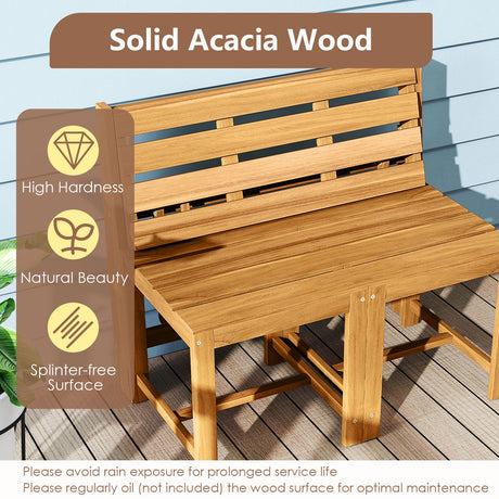 Banco de dos plazas de madera de acacia para exterior 3 en 1 con asiento de lamas