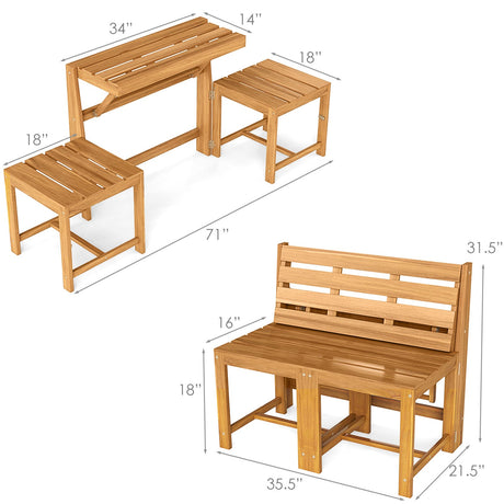 Banco de dos plazas de madera de acacia para exterior 3 en 1 con asiento de lamas