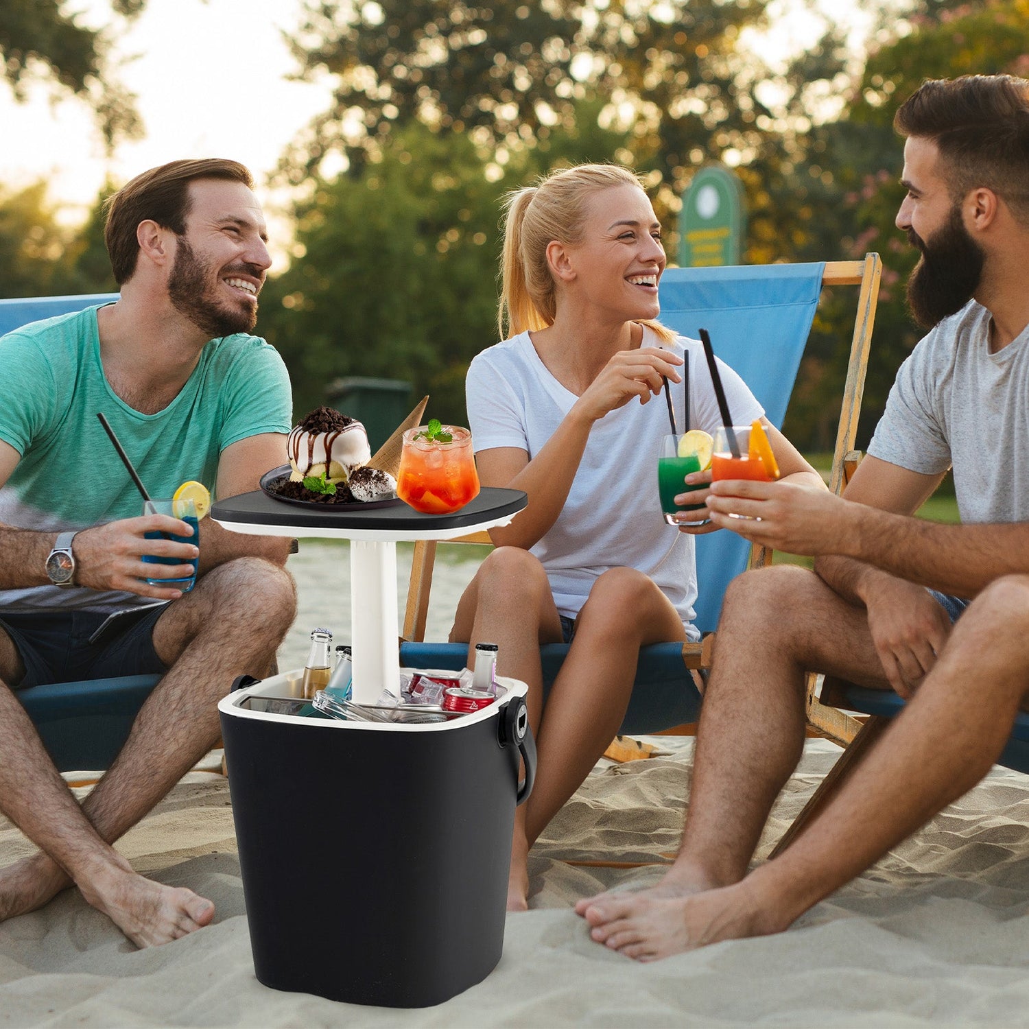 Mesa Bar nevera portátil 3 en 1 con abridor de botellas y tapa elevable para piscina o camping