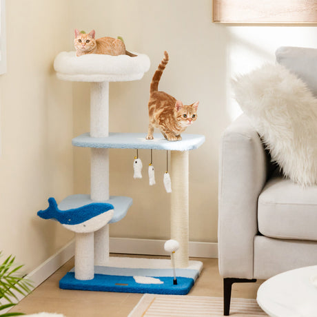 Torre para gatos de 3 niveles con postes rascadores cubiertos de sisal - Azul