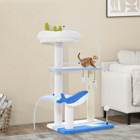 Torre para gatos de 3 niveles con postes rascadores cubiertos de sisal - Azul
