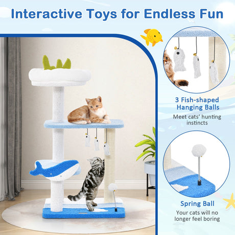Torre para gatos de 3 niveles con postes rascadores cubiertos de sisal - Azul