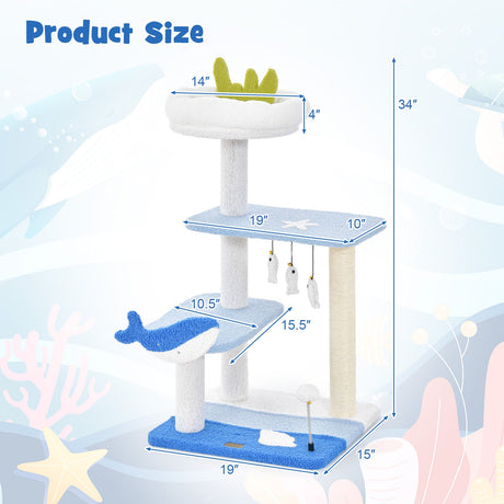 Torre para gatos de 3 niveles con postes rascadores cubiertos de sisal - Azul