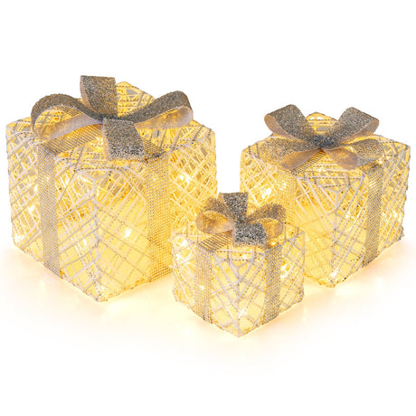 Paquete de 3 Cajas de Regalo Navideñas Iluminadas con 50 Luces LED y Lazos Desmontables