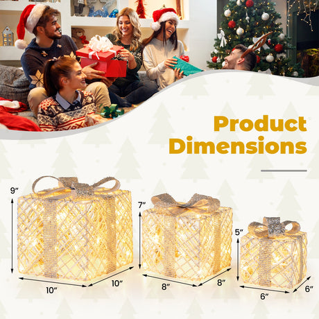 Paquete de 3 Cajas de Regalo Navideñas Iluminadas con 50 Luces LED y Lazos Desmontables