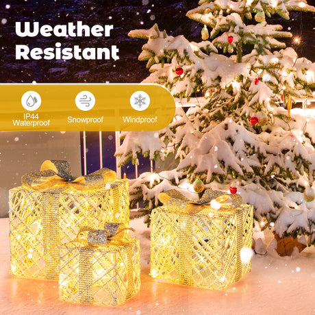Paquete de 3 Cajas de Regalo Navideñas Iluminadas con 50 Luces LED y Lazos Desmontables