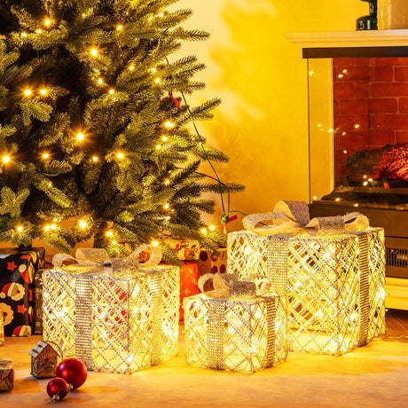 Paquete de 3 Cajas de Regalo Navideñas Iluminadas con 50 Luces LED y Lazos Desmontables
