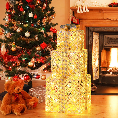 Paquete de 3 Cajas de Regalo Navideñas Iluminadas con 50 Luces LED y Lazos Desmontables