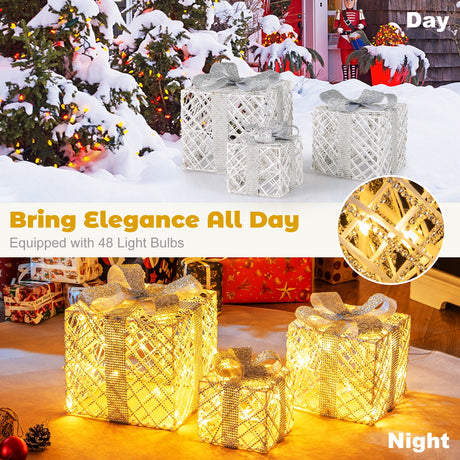 Paquete de 3 Cajas de Regalo Navideñas Iluminadas con 50 Luces LED y Lazos Desmontables