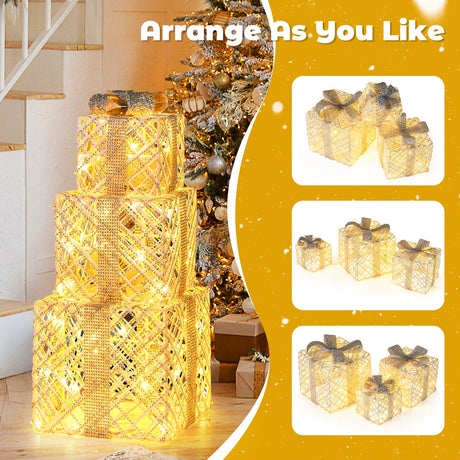 Paquete de 3 Cajas de Regalo Navideñas Iluminadas con 50 Luces LED y Lazos Desmontables