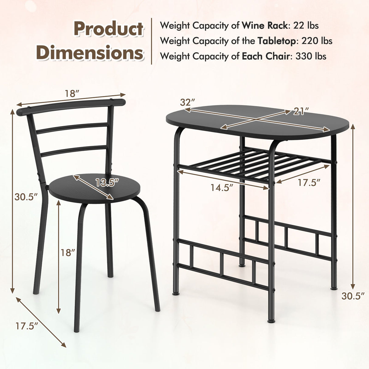 3 pcs Home Kitchen Bistro Pub Dining Table 2 Chairs Set