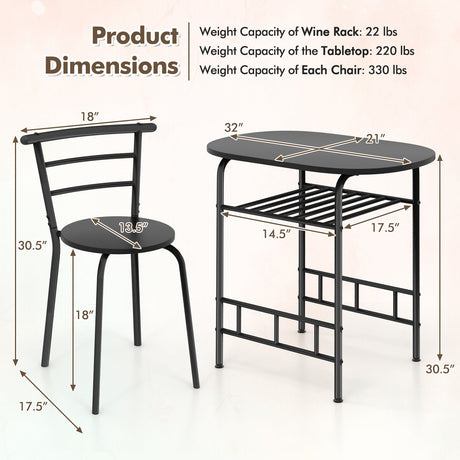 Juego de mesa de comedor de 3 piezas y 2 sillas para cocina, bistró, pub y hogar
