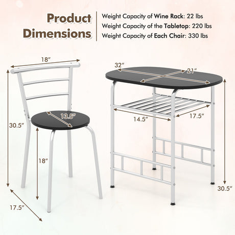 Juego de mesa de comedor de 3 piezas y 2 sillas para cocina, bistró, pub y hogar