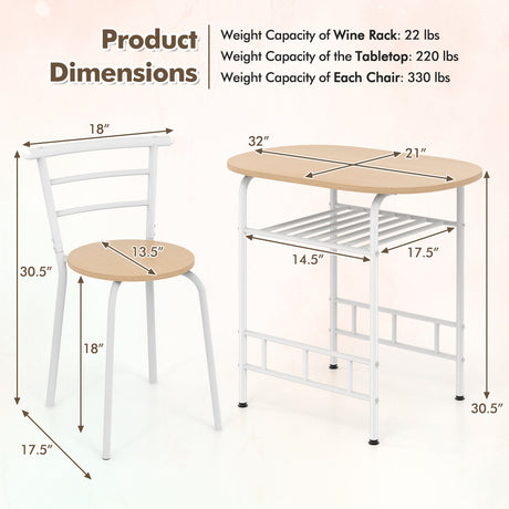 Juego de mesa de comedor de 3 piezas y 2 sillas para cocina, bistró, pub y hogar