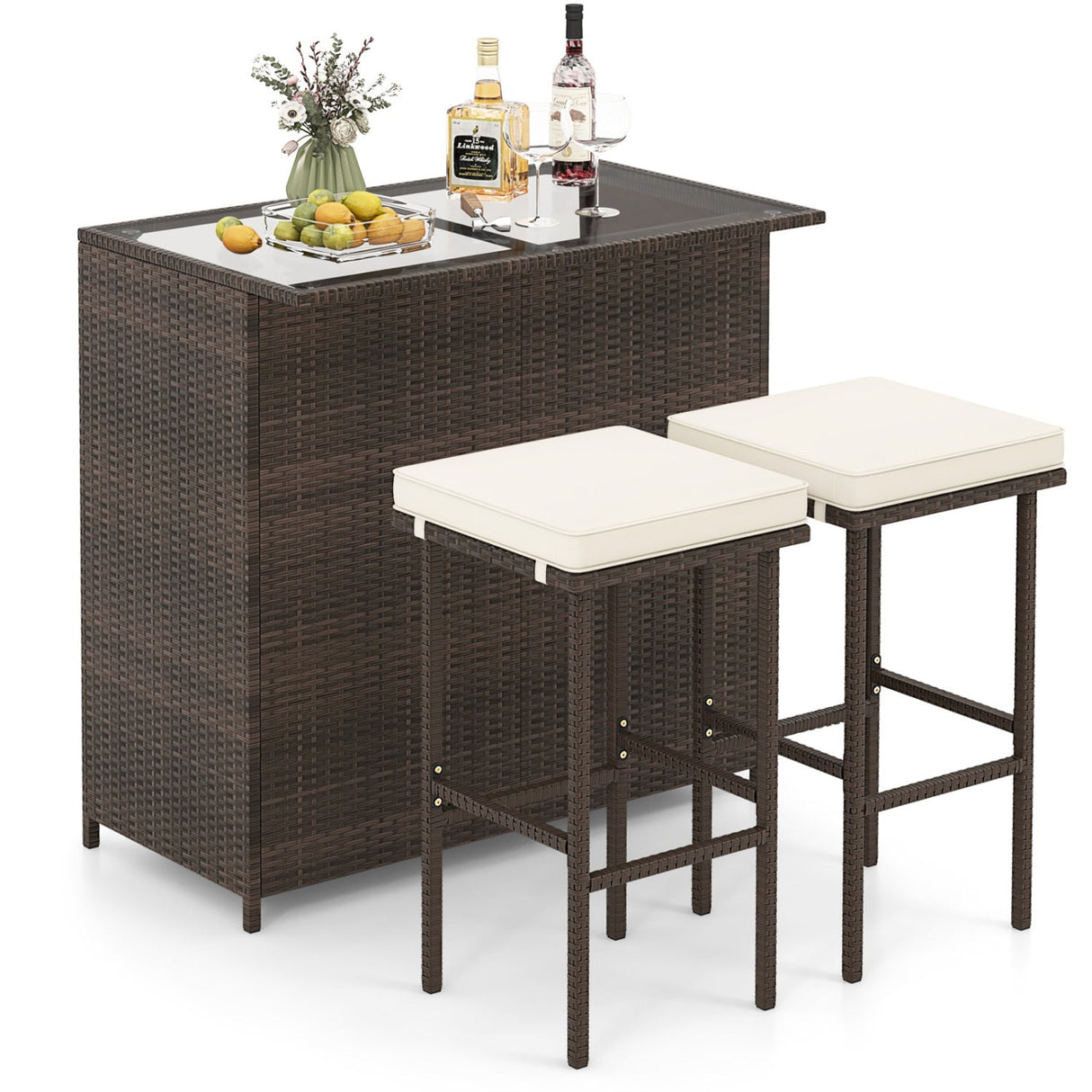 Juego de comedor de 3 piezas para patio de mimbre de ratán con mesa y taburetes - Turquesa