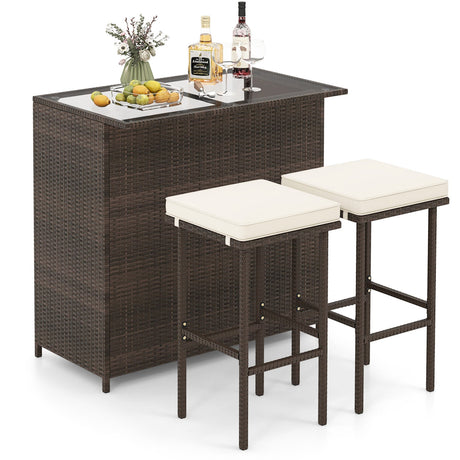 3PCS Patio Rattan Wicker Bar Table Stools Dining Set-Turquoise