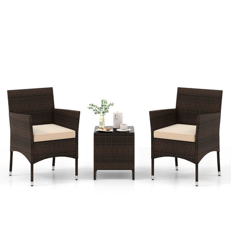 Juego de conversación de 3 piezas para exteriores con asientos acolchados y mesa con tablero de cristal