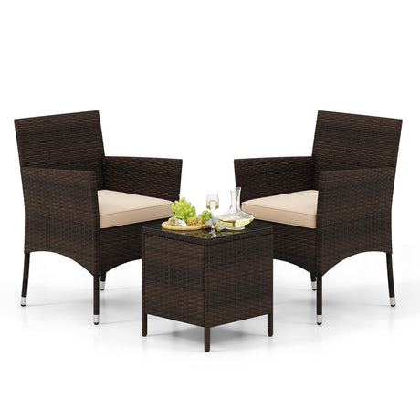 Juego de conversación de 3 piezas para exteriores con asientos acolchados y mesa con tablero de cristal