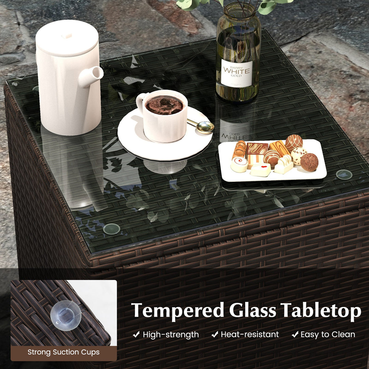 3 Pieces Outdoor Conversation Set with Cushioned Seat and Glass Tabletop