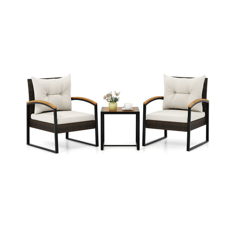 Juego de conversación de 3 piezas para patio con apoyabrazos y tablero de mesa de madera maciza de acacia - Blanco
