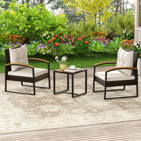 Juego de conversación de 3 piezas para patio con apoyabrazos y tablero de mesa de madera maciza de acacia - Blanco
