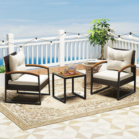 Juego de conversación de 3 piezas para patio con apoyabrazos y tablero de mesa de madera maciza de acacia - Blanco