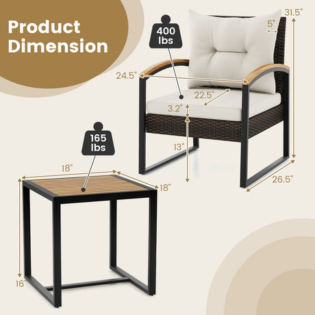 Juego de conversación de 3 piezas para patio con apoyabrazos y tablero de mesa de madera maciza de acacia - Blanco