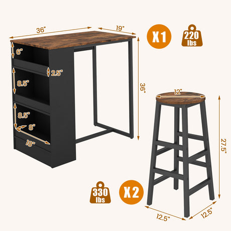 Juego de mesa de bar de 3 piezas con almacenamiento
