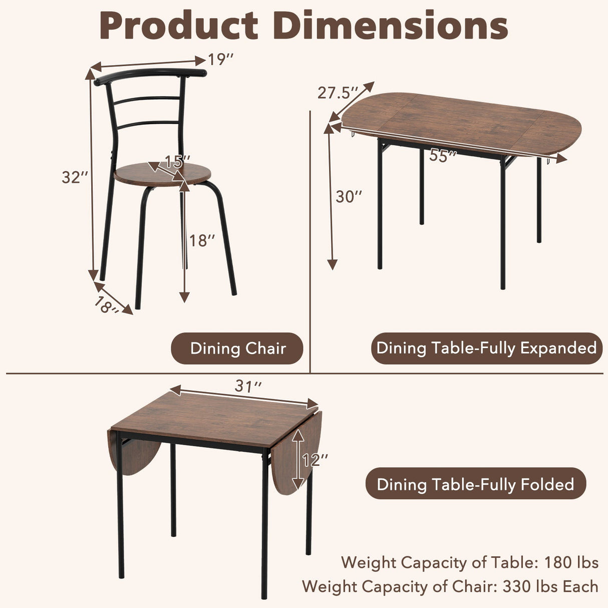 3 Pieces Dining Set with 2 Chairs and Modern Kitchen Table for Small Space-Brown