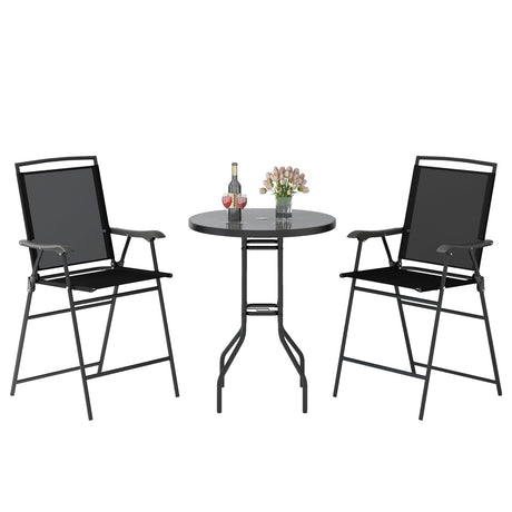Juego de 3 taburetes de bar para exterior con mesa DPC y orificio para sombrilla, para piscina - Negro