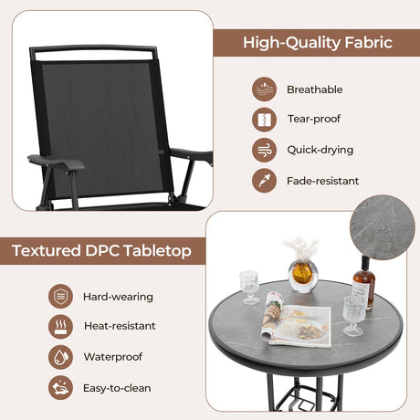 Juego de 3 taburetes de bar para exterior con mesa DPC y orificio para sombrilla, para piscina - Negro