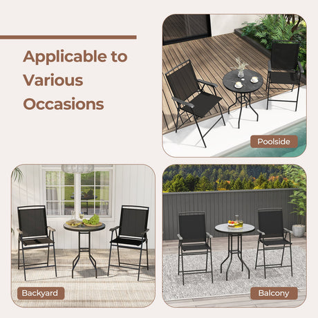 Juego de 3 taburetes de bar para exterior con mesa DPC y orificio para sombrilla, para piscina - Negro