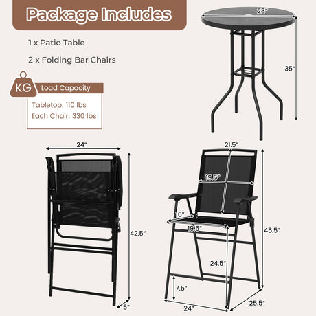 Juego de 3 taburetes de bar para exterior con mesa DPC y orificio para sombrilla, para piscina - Negro
