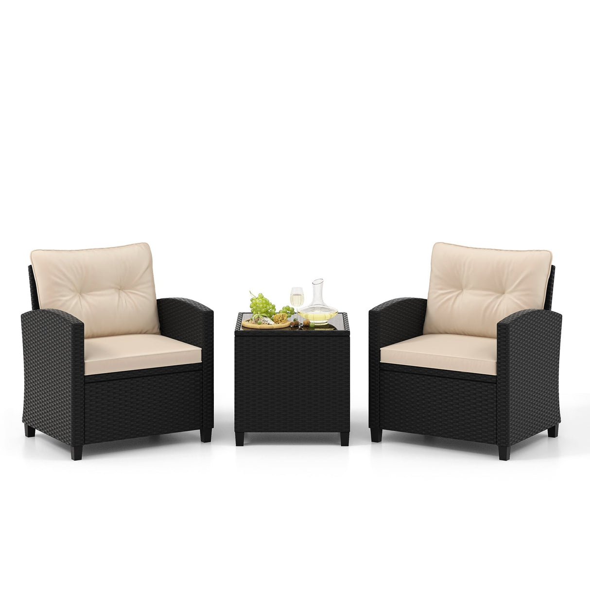 Juego de muebles de patio de 3 piezas con mesa de centro de cristal templado