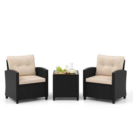 Juego de muebles de patio de 3 piezas con mesa de centro de cristal templado
