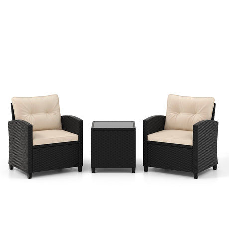 Juego de muebles de patio de 3 piezas con mesa de centro de cristal templado