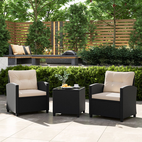 Juego de muebles de patio de 3 piezas con mesa de centro de cristal templado