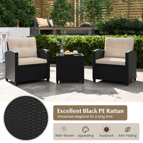 Juego de muebles de patio de 3 piezas con mesa de centro de cristal templado