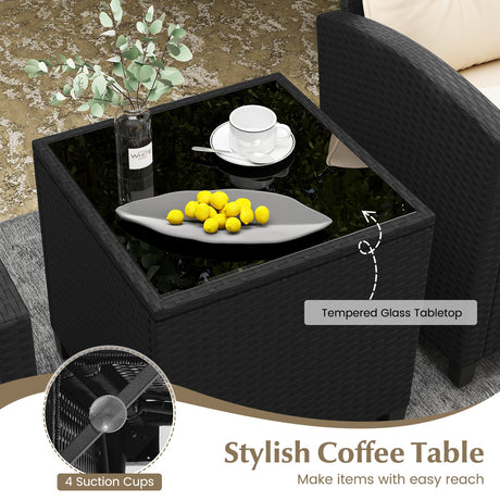 Juego de muebles de patio de 3 piezas con mesa de centro de cristal templado
