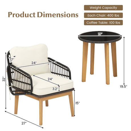 Juego de muebles de patio de 3 piezas con sillas acolchadas y mesa auxiliar de cristal templado