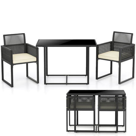 Juego de mesa y sillas de 3 piezas para patio con cubierta de vidrio templado para porche/jardín trasero - Blanco