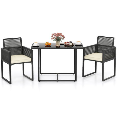 Juego de mesa y sillas de 3 piezas para patio con cubierta de vidrio templado para porche/jardín trasero - Blanco