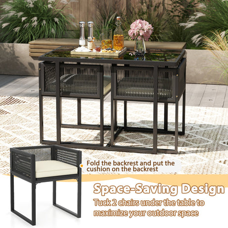 Juego de mesa y sillas de 3 piezas para patio con cubierta de vidrio templado para porche/jardín trasero - Blanco