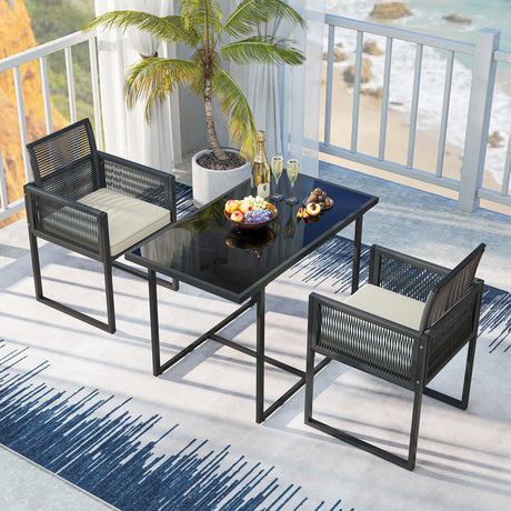 Juego de mesa y sillas de 3 piezas para patio con cubierta de vidrio templado para porche/jardín trasero - Blanco