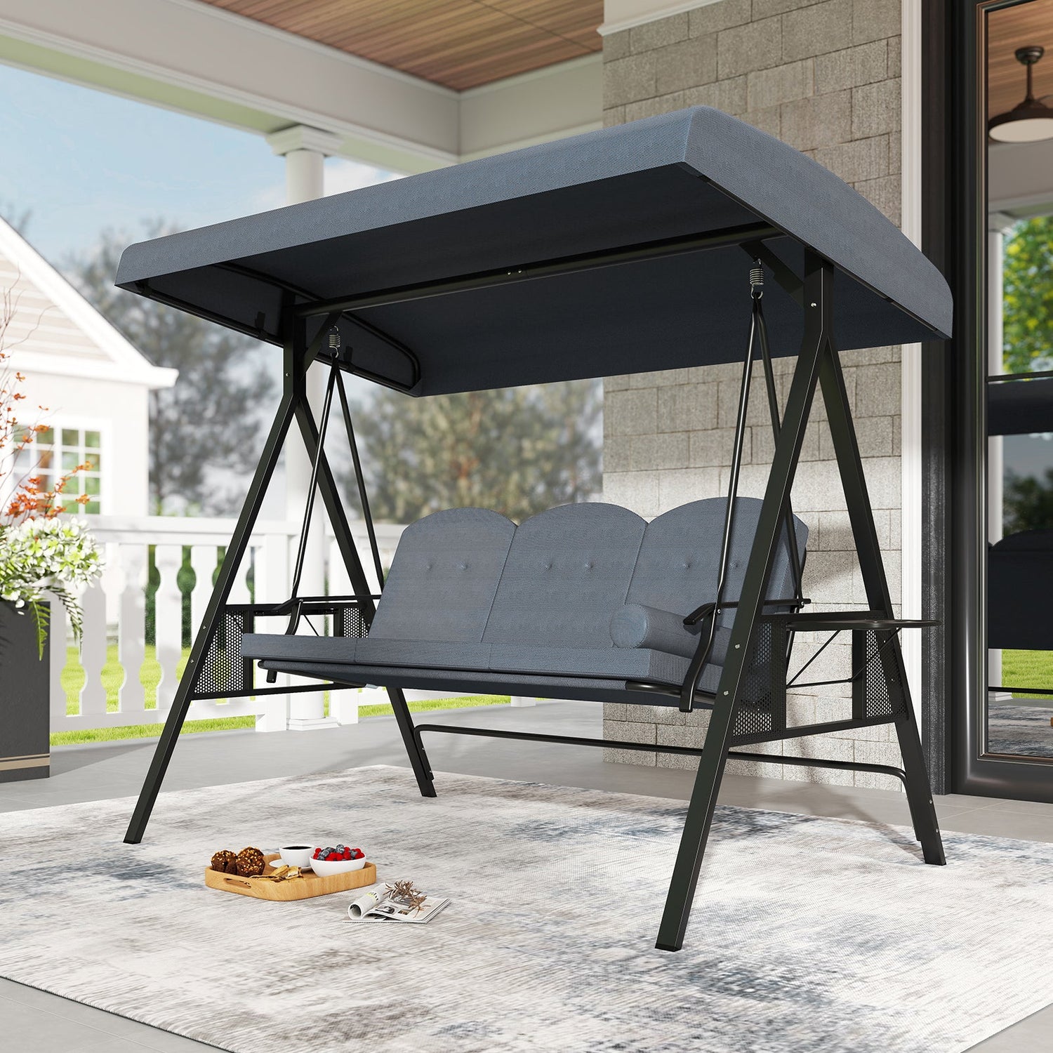 Columpio de jardín de 3 plazas con toldo ajustable, cojines gruesos, almohada y bandejas laterales plegables