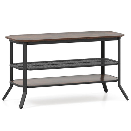 Mueble de TV/Mesa consola de 3 niveles con estante de malla de almacenamiento-Marrón rústico