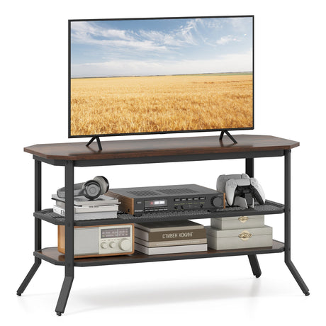 Mueble de TV/Mesa consola de 3 niveles con estante de malla de almacenamiento-Marrón rústico
